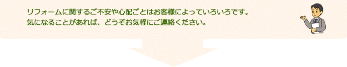 リフォームに関するご不安や心配ごとはお客様によっていろいろです。気になることがあれば、どうぞお気軽にご連絡ください。